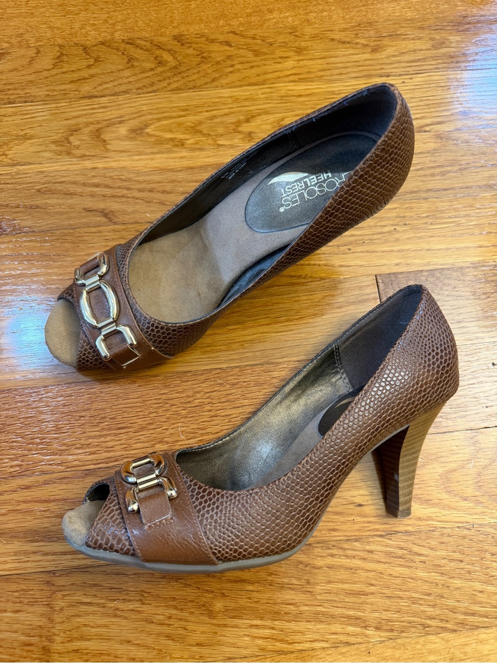 Aerosoles Good Lux Peep-Toe Pumps Brown Snake Print Gold-Tone Accent - Size 8